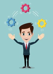 Man juggling with cog wheels, symbolizing strategic thinking, creativity. Vector illustration of a cartoon businessman.