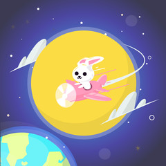 Fototapeta premium Rabbit in plane flying around the moon. rabbit on moon cocnept - vector