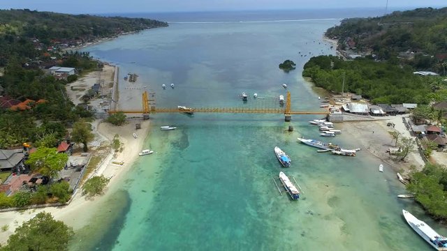 High Level View of the Yellow Bridge Connecting the Islands of Nusa Ceningan and Lembongan in Bali
