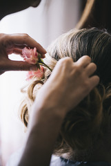 Fototapeta premium wedding preparations. Young beautiful bride getting her hairstyle, braiding roses in hair