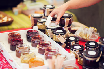 A honey and jam in the jar at the market
