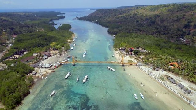 High Level View of the Yellow Bridge Connecting the Islands of Nusa Ceningan and Lembongan in Bali