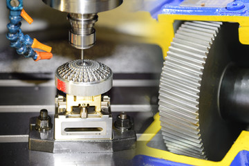 The abstract scene of CNC machining center with the bevel gear.Hi-precision machining process concept.