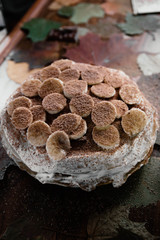 autumn pancake cake with chocolate and bananas