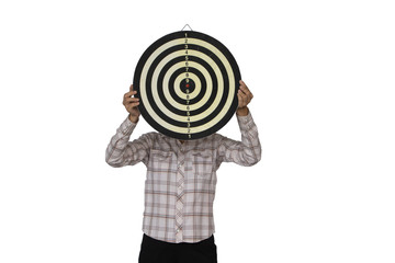 Engineering girl holding a dart board. With a white back ground.