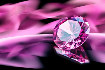 Pink diamond on reflective surface with pink blurry abstract background. - obrazy, fototapety, plakaty