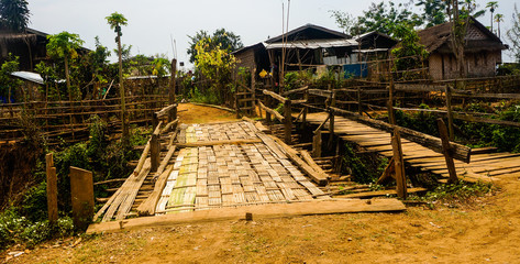 Old shaky wooden bridge Pyin Oo Lwin burma myanmar