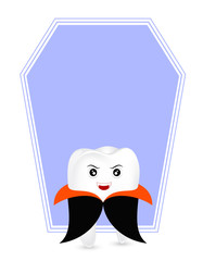 Cute cartoon tooth character. Dracula, happy Halloween concept with frame. Illustration isolated on white background.