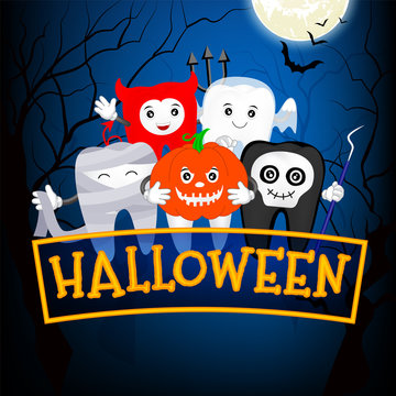Funny cute cartoon tooth character. Devil, ghost, mummy, pumpkin and skull devil  in moon night, happy Halloween concept. Design for banner, poster, greeting card. Illustration.