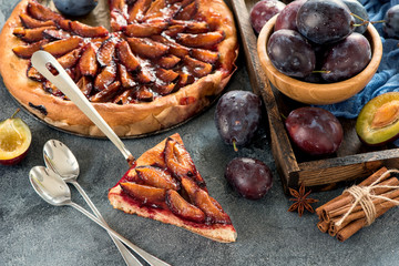 Homemade plum pie, autumn healthy vegetarian dessert