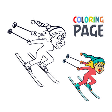 coloring page with women ice skiing player cartoon