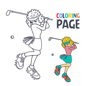 coloring page with woman golf player cartoon