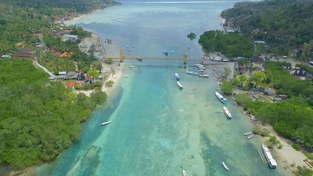 High Level View of the Yellow Bridge Connecting the Islands of Nusa Ceningan and Lembongan in Bali