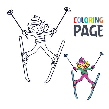 coloring page with women ice skiing player cartoon