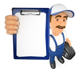 3D Mechanic with a blank clipboard