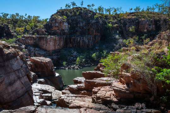 River and escarpment at Katherine Gorge on a beautiful sunny day in Nitmiluk National Park, Northern Territory, Australia.