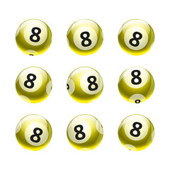 Vector Bingo / Lottery Number Balls Set Isolated on White Background- Gold / Yellow Theme- No. 8