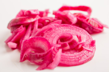 close up of sliced pickled onion rings