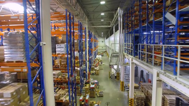 Inside a large warehouse, storage. 4K.