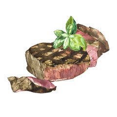 Beef and basil. Watercolor ilustration of ribeye steak. Isolated on white background.