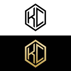 initial letters logo kc black and gold monogram hexagon shape vector