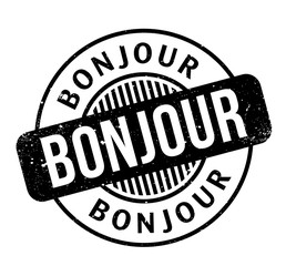 Bonjour rubber stamp. Grunge design with dust scratches. Effects can be easily removed for a clean, crisp look. Color is easily changed.