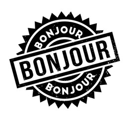 Bonjour rubber stamp. Grunge design with dust scratches. Effects can be easily removed for a clean, crisp look. Color is easily changed.