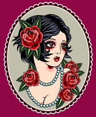 Image of a sexy girl in a traditional style of Old school tattoo pin up  with beautiful flowers in her hair