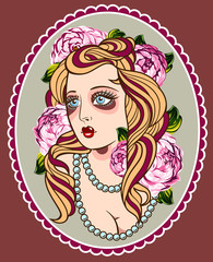 Image of a sexy girl in a traditional style of Old school tattoo pin up  with beautiful flowers in her hair