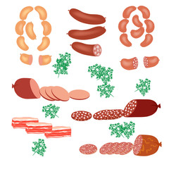 Set of sausage. Sausage Isolated objects on a white background. Vector illustration