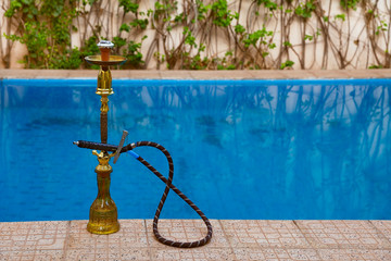 Hookah with hose and burning coal standing on a side of blue water pool with green bindweed plant on background.