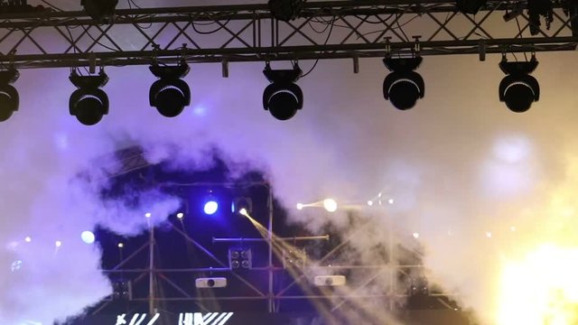 Stage lights at the concert with fog, Stage lights on a console, Lighting the concert stage, entertainment concert lighting on stage