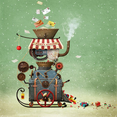 Conceptual illustration greeting  illustration or  postcard Christmas or New year with Santa's workshop bizarre industrial  car to create gifts. 
