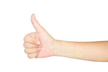 Thumb up hand sign isolated on white background. woman hand showing thumb up, like, good, approval, acceptance, okay, ok, positive hand sign