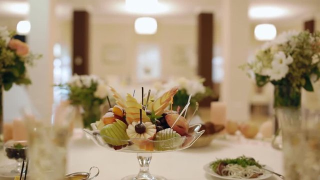Foof in restaurant. Decorated table. Varioty of dishes