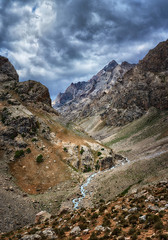 Landscape of beautiful high Fan mountains in Tajikistan on dramatic sky background