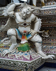 Traditional Thai style sculptures and painting of monster,animals and gods in church under decoration of Wat Pariwat