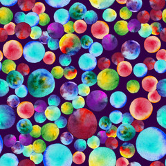 seamless pattern with brush dots and blots. Rainbow watercolor color on violet background. Hand painted grange texture. Ink geometric elements. Fashion modern style. Endless fabric print.