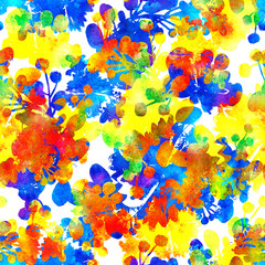 seamless pattern with brush flowers and leaves plant . Rainbow watercolor color on white background. Hand painted grange texture. Ink forest elements. Fashion modern style. Endless fabric print. Art