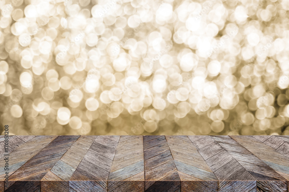 Aufkleber empty wood table top with blur sparkling gold bokeh abstract background,panoramic banner for display