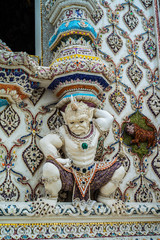 Traditional Thai style sculptures and painting of monster,animals and gods in church under decoration of Wat Pariwat