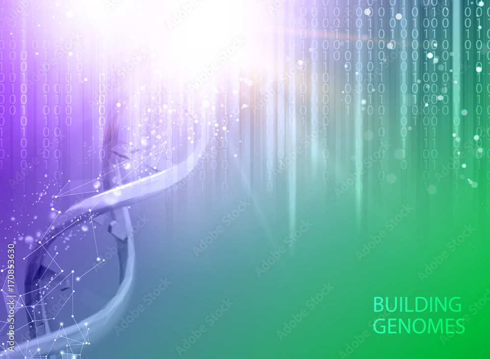 Poster scince illustration of bigdata. scince illustration of a dna molecule. abstract binary code on green