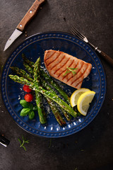 Grilled Tuna steak with roasted asparagus and parmesan