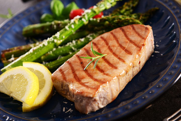 Grilled Tuna steak with roasted asparagus and parmesan