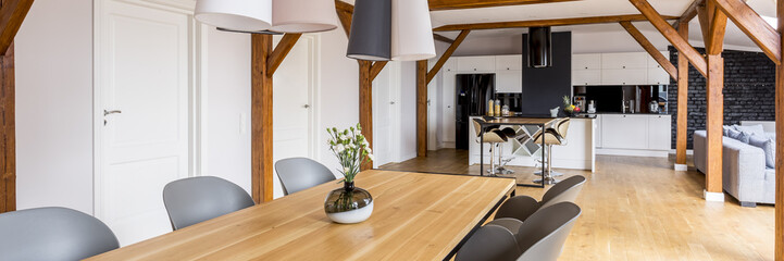 Open home with wooden table