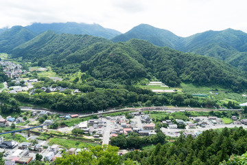 宝珠山立石寺の五大堂から見る山寺駅方面の景色