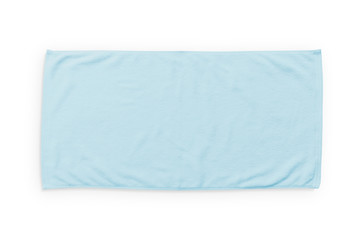 Light blue beach towel mock up isolated on white background, flat lay top view