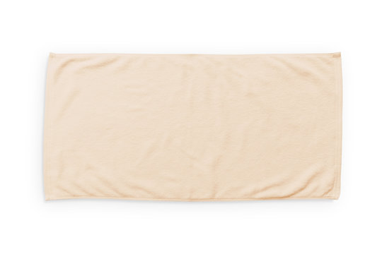 Beige cream beach towel mock up isolated on white background, flat lay top view