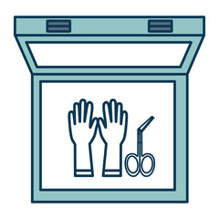 medical kit with gloves and surgical scissors vector illustration design