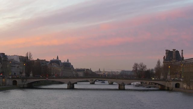 sunset time sky paris city seine river island bridge panorama 4k france